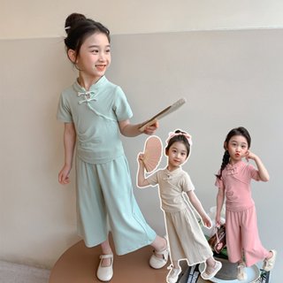 {現貨有電子發票}新中式女童套裝夏季新款盤扣休閒寶寶夏季衣服兒童夏季時尚兩件式【C1072】