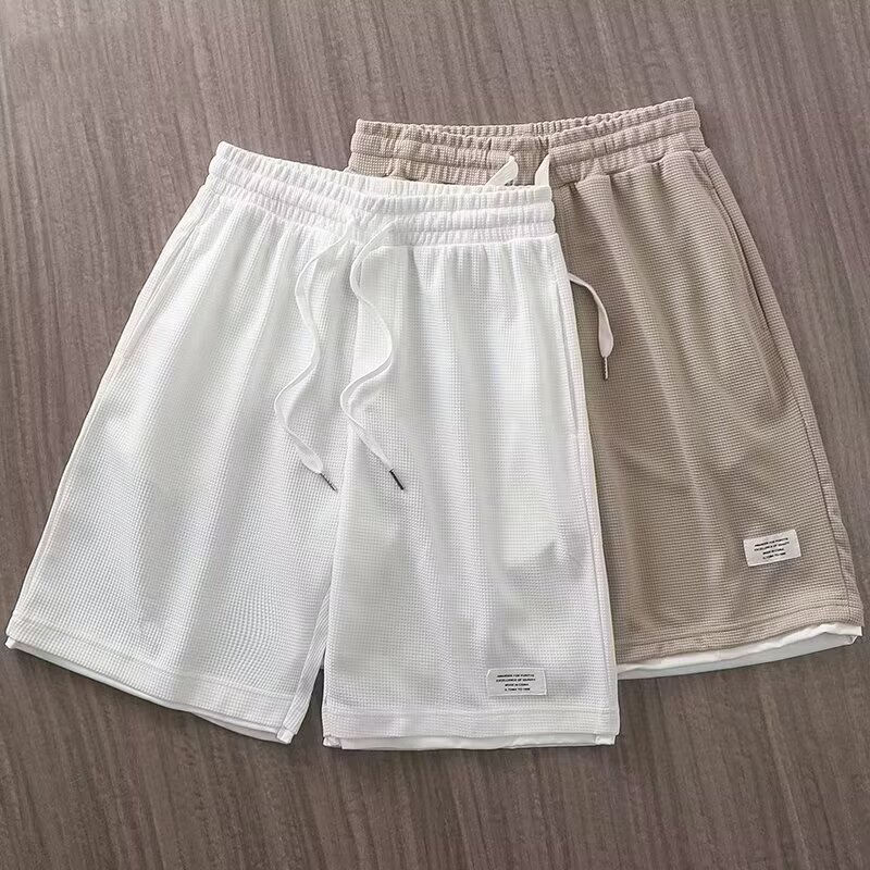 大尺碼 M-5XL  華夫格白色運動短褲男女夏季薄款純色寬鬆休閒闊腿褲男五分褲男款