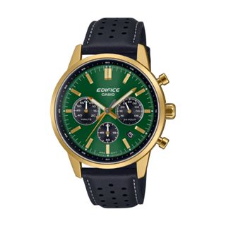 【CASIO 卡西歐】EDIFICE 三針三眼 奢華金綠 皮革錶帶 計時碼錶 EFR-575CL-3A 40.5mm