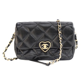 CHANEL 香奈兒 Flap Bag 經典菱格紋愛心鎖扣小羊皮肩背/斜揹包 鍊條包 黑色 AS3986 B10682