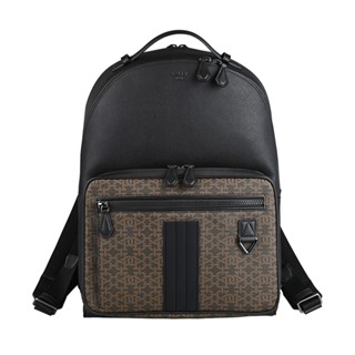 BALLY Mavrick立體銀字LOGO印花字母設計防刮牛皮拼PVC雙拉鍊後揹包(褐x黑)