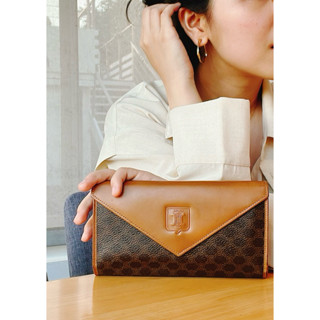 (Celine)免運 凱旋門老花絕版vintage三折皮革長夾-中古精品