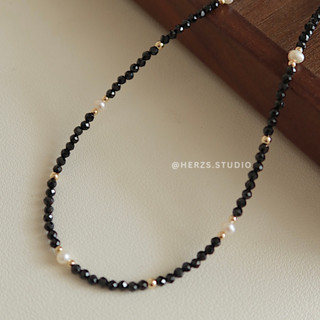 ✶ 黑尖晶珍珠項鍊 Black spinel ✶ (可搭配花花軟陶耳環)