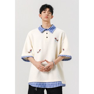 日系 復古 狗狗刺繡 短袖POLO衫男 假二件上衣 男短袖翻領POLO 襯衫 潮牌襯衫中性風襯衫M~5XL大尺碼POLO