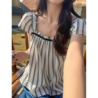 WEILI 日系女生寬條紋蝴蝶袖方領襯衫