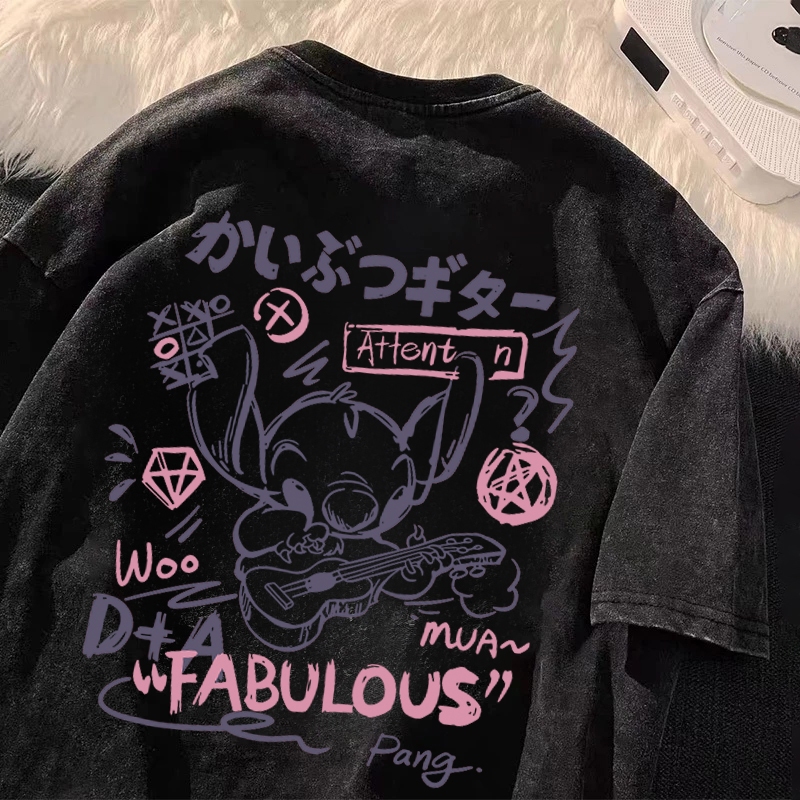 卡通水洗T恤 史迪奇 水洗做舊上衣 短袖 OVERSIZE 美式復古T恤 純棉 重磅短t 夏天穿搭 大尺碼女裝上衣