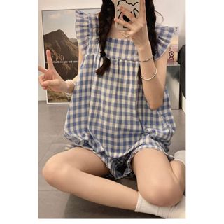 「 夏夏XIAXIA 」韓系ins風夏季無袖格子上衣女 梭織棉格子寬鬆甜美兩件套 女生家居服睡衣 夏天短褲可外穿睡衣套裝