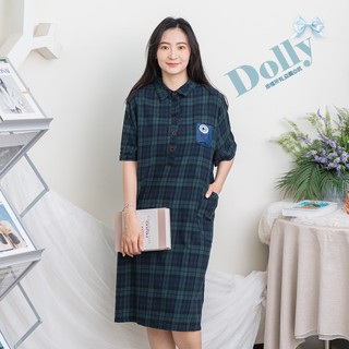 Dolly多莉大碼專賣店 台灣現貨 大尺碼經典格子有領小口袋洋裝(綠色)109