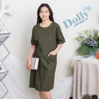 Dolly多莉大碼專賣店 台灣現貨 大尺碼簡約口袋造型洋裝(軍綠色)365