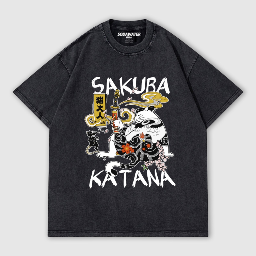 和風日本武士 全身刺青的貓大人 男女款做舊水洗純棉落肩短T 台灣獨家日式貓咪短T