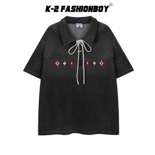 【K-2】水洗 POLO衫 緞帶 抽繩 設計 圖騰刺繡 民族風 短袖上衣 個性 短T 男女不拘 重磅【JA6535】