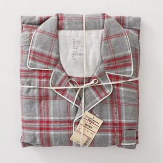 MUJI 無印良品 法蘭絨 長袖 家居服 睡衣 灰紅線格 女款 S-M