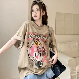 【Jaylee】純棉t恤 韓版上衣 中長款圓領上衣 卡通印花短袖t恤女 夏裝新款 時尚百搭 寬鬆t恤 短袖上衣 短袖女