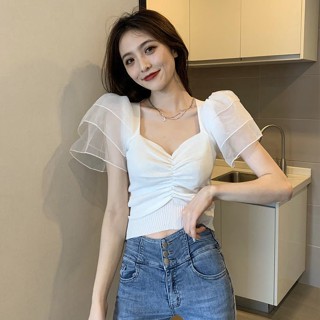 fuxi 針織上衣女 短袖針織衫 打底衫 泡泡袖網紗拼接袖 v領飛袖上衣 短板上衣 女裝 衣服