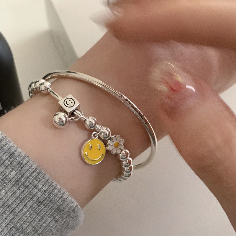 💋預購💋日系女神s925純銀復古串珠微笑SMILE笑臉小方塊銀豆雙拼搭配更好看爱心星星手鍊輕奢氣質甜美重工手鍊飾品