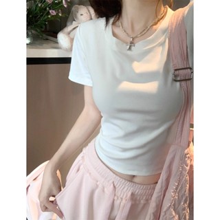ROOLRREN 大碼 純棉 短袖T恤 夏天衣服 正肩 T恤 圓領上衣 短款上衣 ins 風衣服 顯瘦上衣 修身上衣