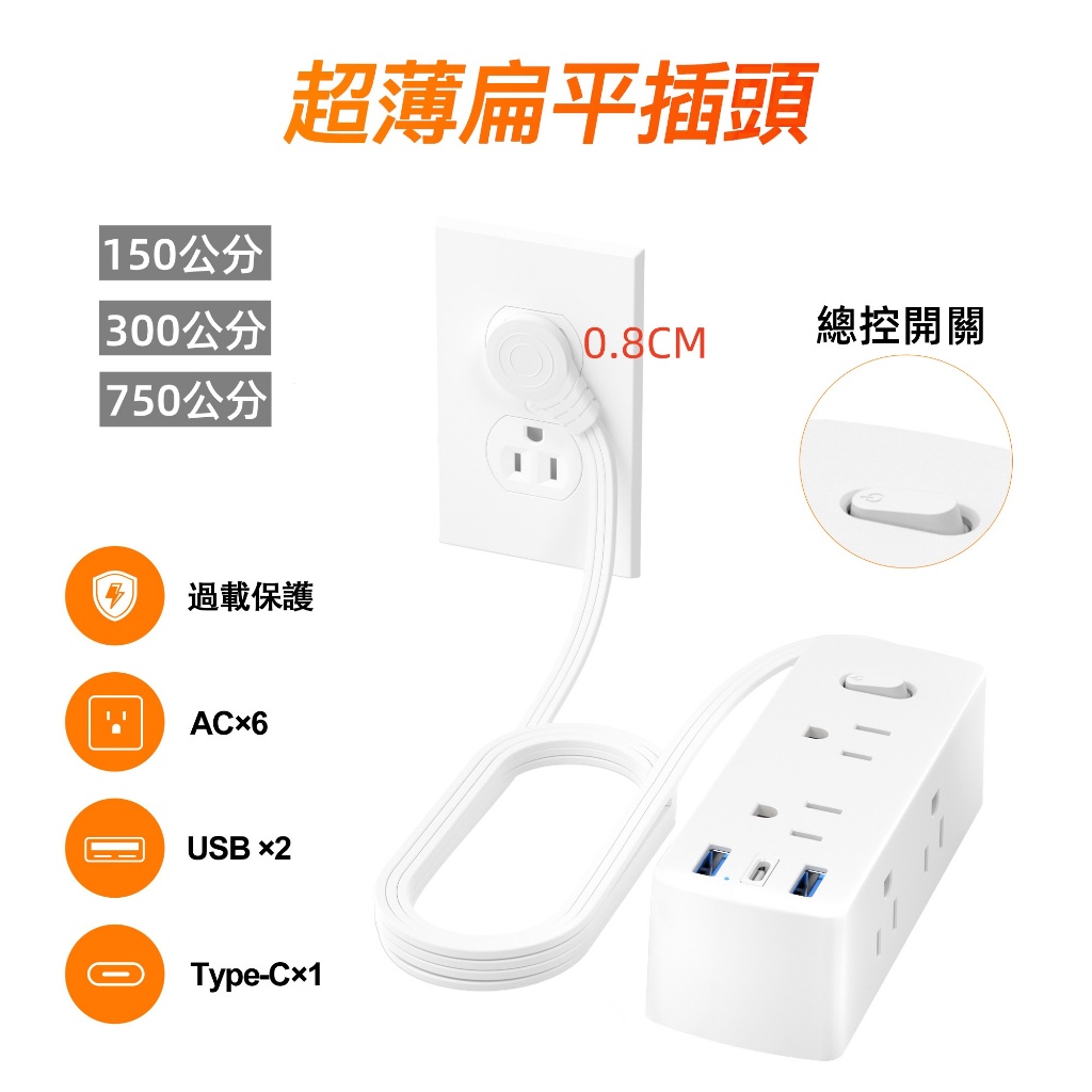 台灣現貨 扁頭扁線 台灣插座延長線帶USB/Type-C 過載開關保護浪湧保護安全耐用高顏值品質有質感 旅行便攜插座免運