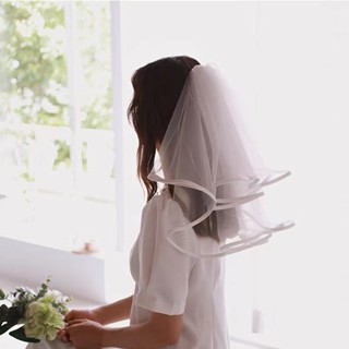 臺灣現貨 頭紗新娘主婚紗單層包邊緞面魚尾結婚領證頭飾遮面法式古風漢服