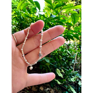 ▪️925純銀▪️珍珠配竹節愛心吊飾彈性手環