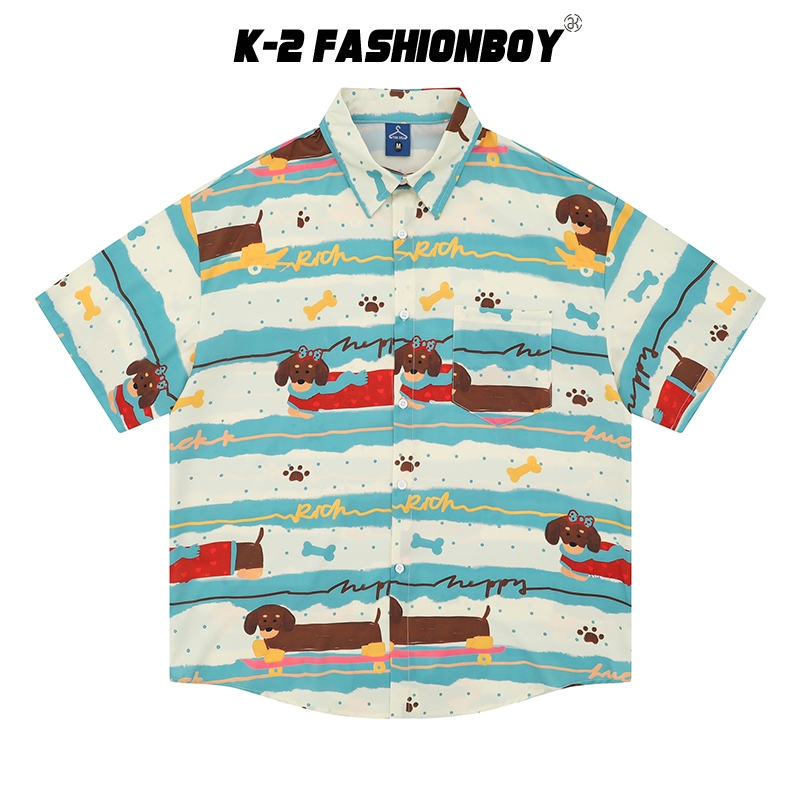【K-2】童趣 狗狗 小狗 短袖襯衫 綠色 度假 穿搭 春夏 薄款 旅遊 男女不拘【J5719】