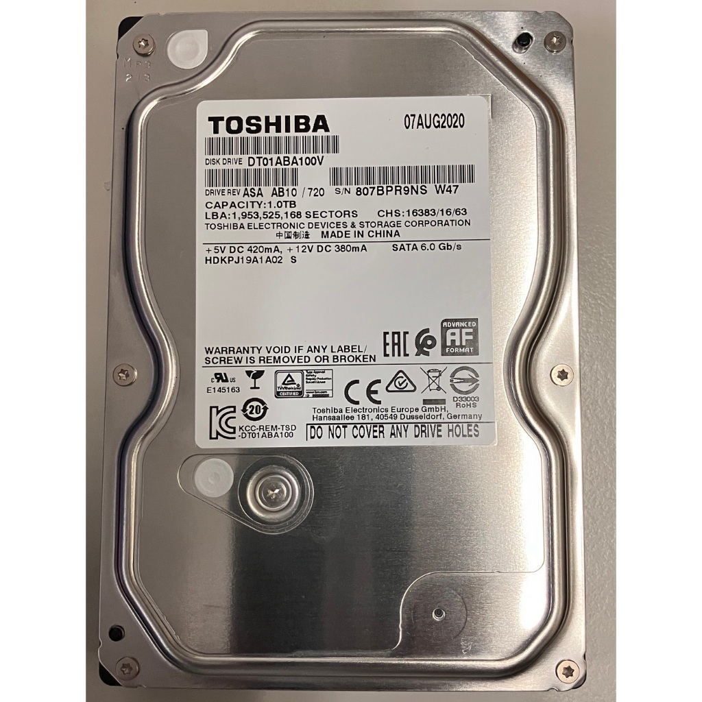 TOSHIBA 東芝 1TB 1T SATA3 3.5吋 監控硬碟 DT01ABA100V 使用 1440天 2020年