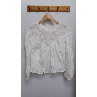 UNIQLO/白色長袖針織蕾絲上衣/白色/女/S
