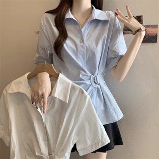 FUXI 短袖襯衫女 大尺碼收腰不規則襯衫 顯瘦氣質時尚上衣 襯衣 中長款襯衫 藍色襯衫 白色襯衫 女裝 衣服