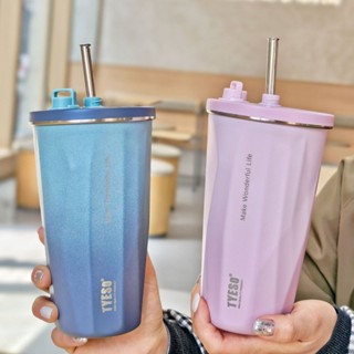 TYESO保溫杯 304不鏽鋼冰霸杯 470ml/600ml不鏽鋼咖啡杯 環保伸縮吸管咖啡杯 附吸管隨行杯 不鏽鋼車載杯