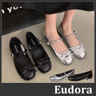 【Eudora】蝴蝶結娃娃鞋 瑪莉珍鞋 銀色 小皮鞋 芭蕾舞鞋 方頭金釦 粗低跟平底 瑪麗珍 平底鞋 小香風 單鞋 包鞋