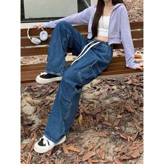 🌸二手小市集🌸全新韓版腰圍伸縮彈性綁帶拼接口袋造型牛仔褲