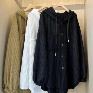 【🍒櫻桃高品質】M-5XL大尺碼外套 防曬外套 薄外套女 襯衫外套 大碼暗紋肌理感連帽上衣女胖MM寬松休閑設計感防曬上衣