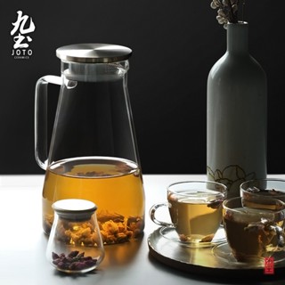 九土手工玻璃果汁壺光面款玻璃茶壺加厚涼水壺餐廳飯店304不鏽鋼家用耐高溫大容量玻璃壺果汁花茶壺高硼矽玻璃壺CHR0038