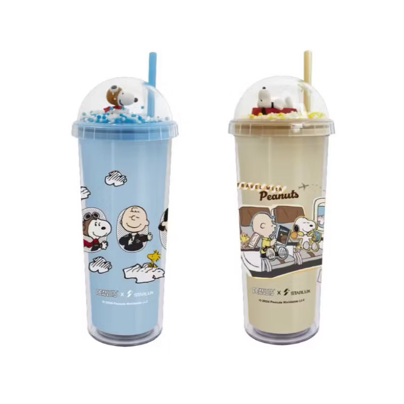 史努比 星宇航空7-11聯名公仔吸管冷飲杯 720ml奶茶色 藍色