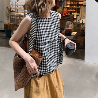 조세핀josephine shop 조세핀韓國媛選 100%色織亞麻復古文藝寬松顯瘦格子無袖背心