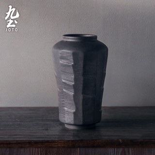 九土現代簡約設計陶瓷花瓶鐵黑切面款手工粗陶花瓶日式花器禪意花器落地擺件家用擺飾供佛花瓶插花器原創花器乾燥花DER0041