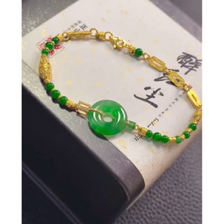冰綠翡翠平安扣古法金手串❤️a貨翡翠18k鑽石