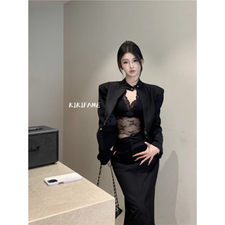 【KIKIFAME】🖤高階御姐·黑色V領蕾絲背心 立領外套 黑色長裙 透膚上衣 黑色外套 拉鏈外套 夾克 套裝 半身裙