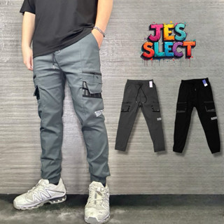 【JES】韓系 質感 彈性 鬆緊 機能 拉鍊口袋 工裝 大口袋 彈性 親膚 透氣 潮流 縮口褲 休閒 工裝長褲 長褲