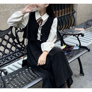【現貨/快速出貨】春季女裝 小馬甲收腰連衣裙 中長裙 長袖女 假兩件連身裙 洋裝 裙子 女生長袖 女生套裝 女生上衣