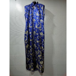 復古/深藍色緞面花朶/中國風旗袍 /洋裝 /禮服/宴會服 Size:XL（約9.5成新）