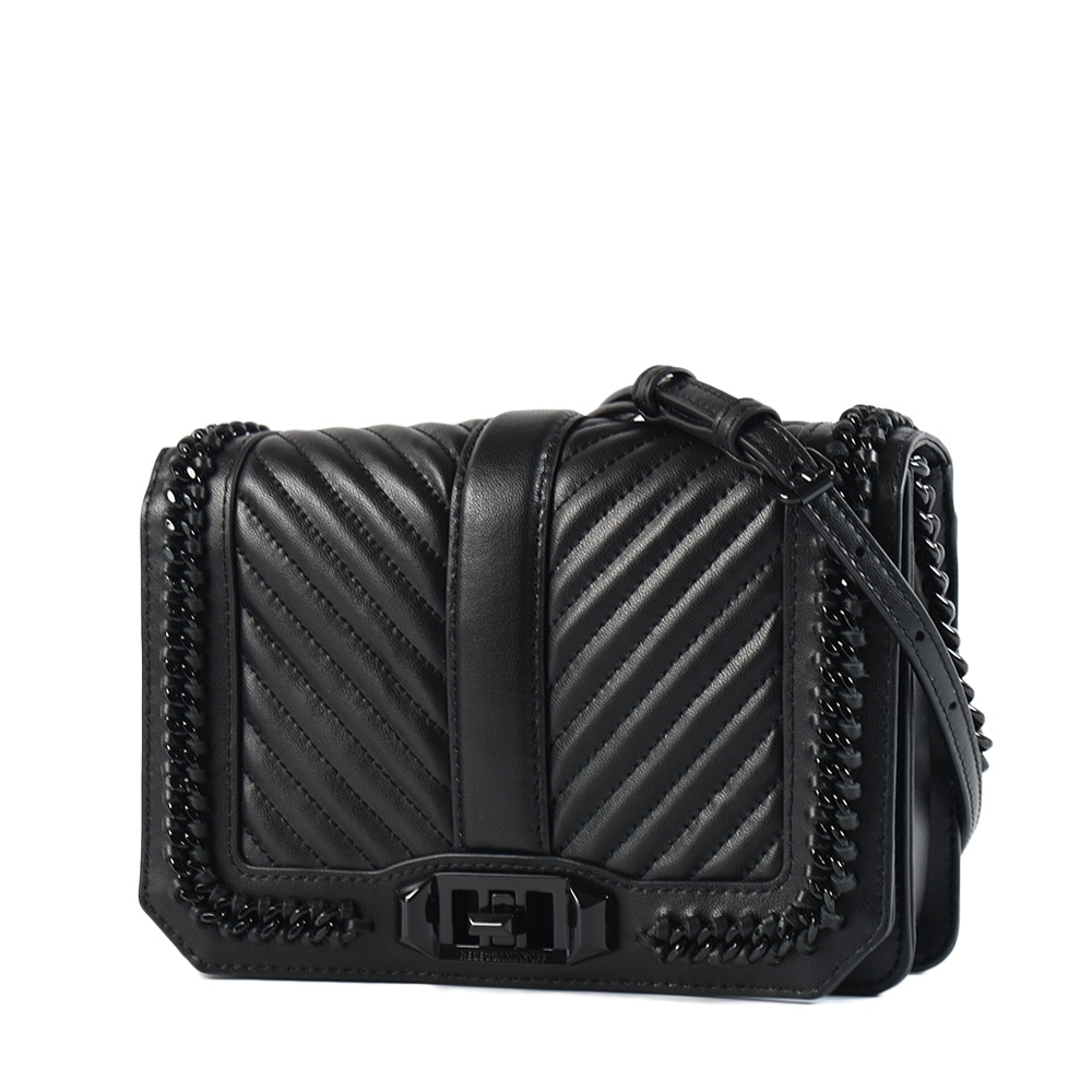 Rebecca minkoff LOVE 鍊帶飾邊翻蓋旋鈕斜背包-黑釦黑/小 【美國正品現貨】