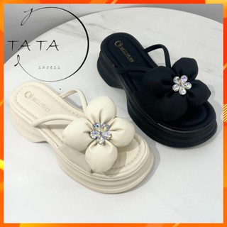TATA【現貨➕預購】氣質小姊姊必備款 水鑽花花造型 線條式厚底拖鞋 軟氣墊拖鞋 室內拖鞋 室外拖鞋 百搭拖鞋 拖鞋
