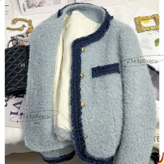 abc9997825新貨✨內裡充絨加厚拚接藍色小香風法式短鞦鼕新款氣質高階感上衣17WAN