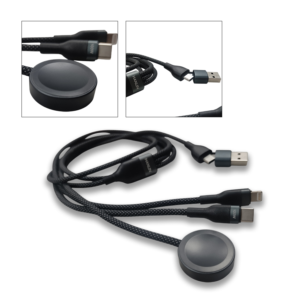 二拖三PD100W編織手錶充電線 HANLIN UC2in3wa USB-A+TC to L+C+手錶充電線 全兼容