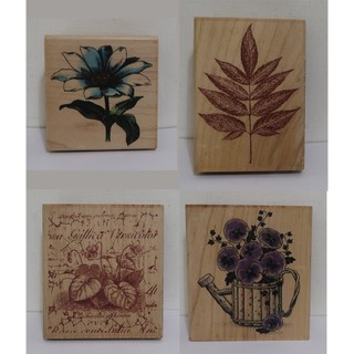 Hampton Art Stamps 藝術木頭印章：銀蓮花/Fern植物葉子/非洲紫羅蘭/澆水壺中盛開的花