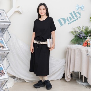 Dolly多莉大碼專賣店 台灣現貨 大尺碼黑色假2件式腰抽繩棉質洋裝565