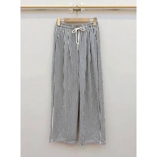 [LaBelle 韓系服飾]休閒高腰直條紋長褲 直紋寬褲 休閒褲 腰圍伸縮彈性 (臺灣現貨）（快速出貨)