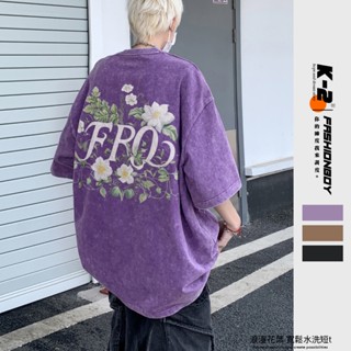 【K-2】浪漫花葉 水洗短T 美式 花葉 水洗 短袖 上衣 落肩 寬鬆 水洗T Y2K 復古短T 暗黑穿搭【JC473】