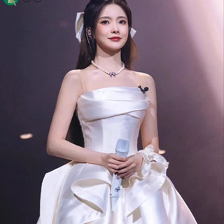小紅書同款 法式晚禮服 主持人禮服裙 高階感森系緞面短裙 輕婚紗洋裝 高階輕奢小個子洋裝 宴會晚會成人禮禮服 一字肩洋裝