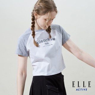 【ELLE ACTIVE】 棒球風舒適休閒短版印花圓領短袖T恤 淺灰色-EA25S2W160593